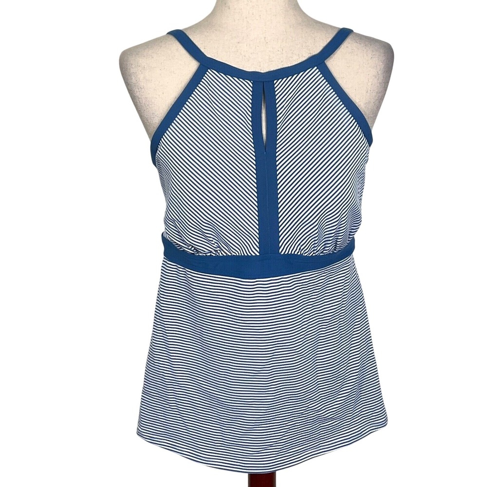Lands End Swim Tankini Top Women 12 Blue White Stripe Halter Sewn Pad Bra
